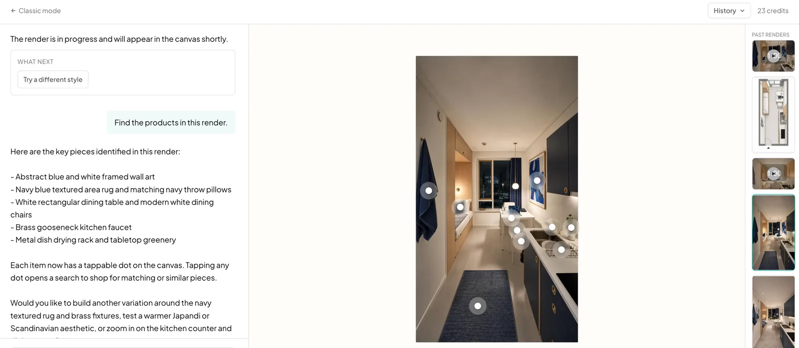 AI design chat listing the furniture found in a render
